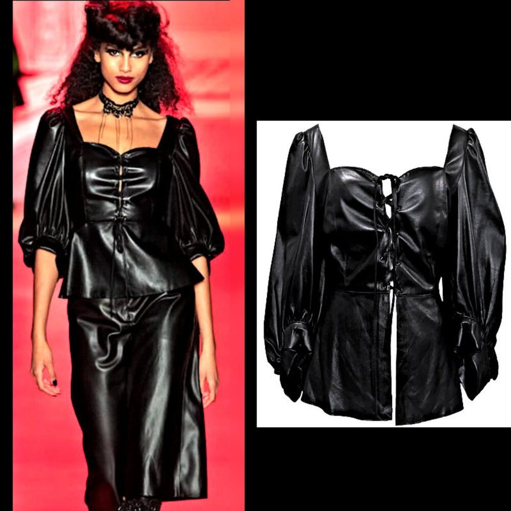 ANNA SUI Black Faux Leather Blouse w/Lace Up Front A/W 2020 Runway Look #16